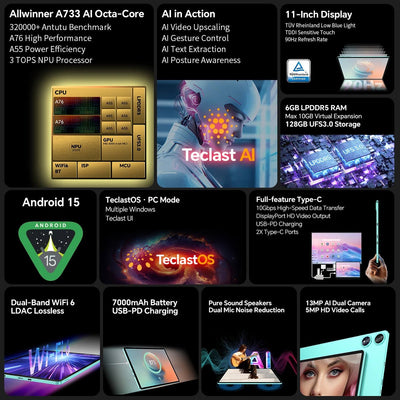 Teclast P50 AI 11" Tablet – Android 15, AI Octa - Core, 6GB RAM, 128GB Storage, 90Hz Display - TheElecnest