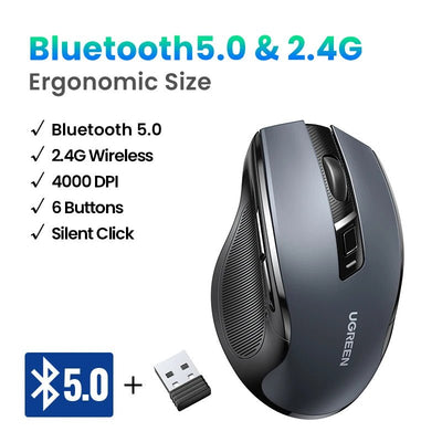 UGREEN MU006 Wireless Ergonomic Mouse – Bluetooth & 2.4G, Silent Click, Adjustable DPI - TheElecnest