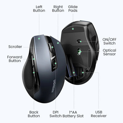 UGREEN MU006 Wireless Ergonomic Mouse – Bluetooth & 2.4G, Silent Click, Adjustable DPI - TheElecnest