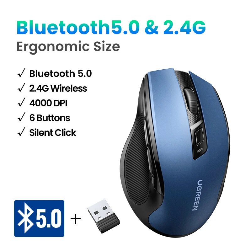 UGREEN MU006 Wireless Ergonomic Mouse – Bluetooth & 2.4G, Silent Click, Adjustable DPI - TheElecnest