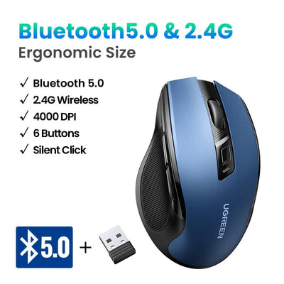 UGREEN MU006 Wireless Ergonomic Mouse – Bluetooth & 2.4G, Silent Click, Adjustable DPI - TheElecnest