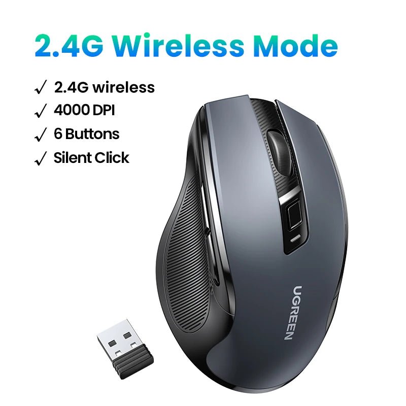 UGREEN MU006 Wireless Ergonomic Mouse – Bluetooth & 2.4G, Silent Click, Adjustable DPI - TheElecnest
