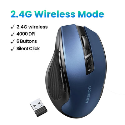 UGREEN MU006 Wireless Ergonomic Mouse – Bluetooth & 2.4G, Silent Click, Adjustable DPI - TheElecnest